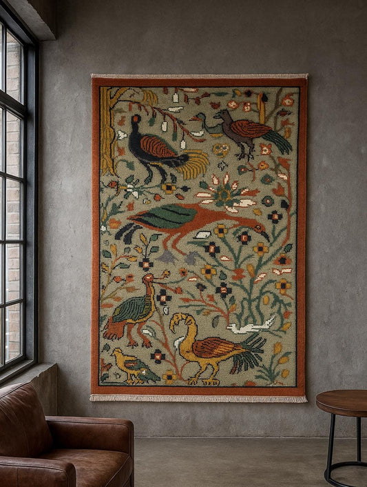 3x5 ft Bohemian Oushak Rug: Tree of Life Bird Design Modern Hand Knotted Wool Carpet