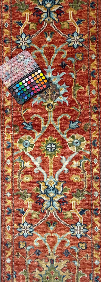 2.5x9 ft Oushak Runner Rug: Modern Multicolored Handmade Bohemian Carpet