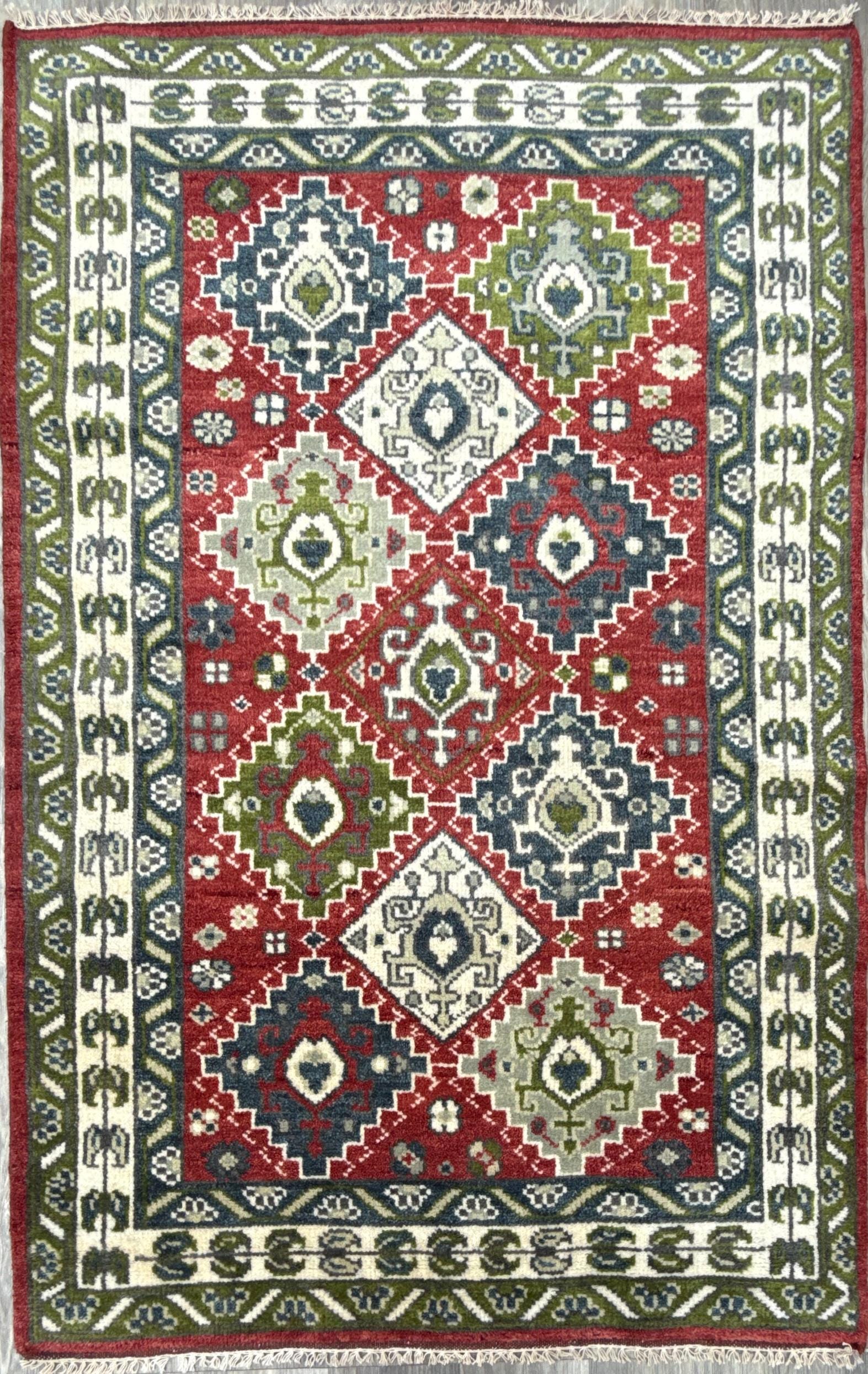 4x6 ft Oushak Geometrical Rug: Village Made Wool Carpet Hand Knotted Bohemian Style