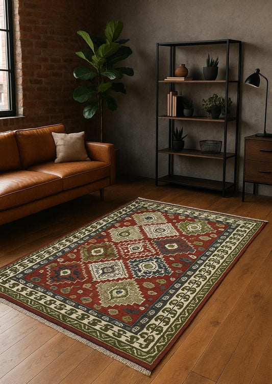 4x6 ft Oushak Geometrical Rug: Village Made Wool Carpet Hand Knotted Bohemian Style