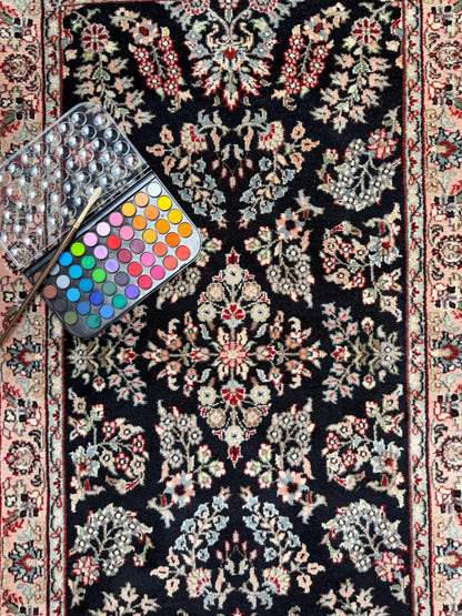 5x3 ft Vintage Agra Rug – Hand Knotted Wool Carpet with Black Floral Tabriz Design