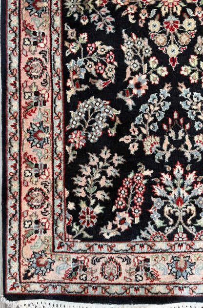5x3 ft Vintage Agra Rug – Hand Knotted Wool Carpet with Black Floral Tabriz Design