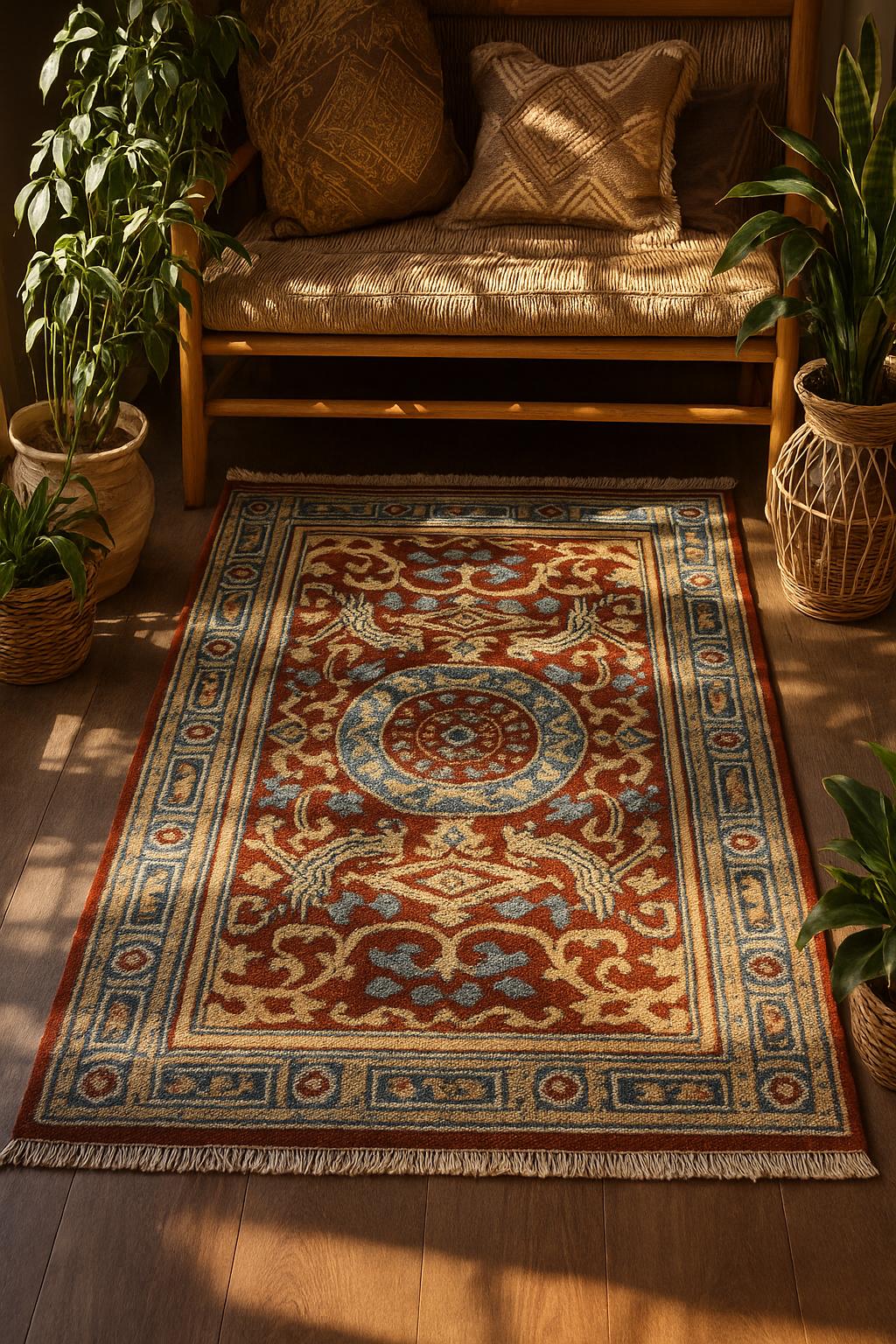 3x5 ft Hand Knotted Wool Oushak Rug: Tree of Life and Birds Design
