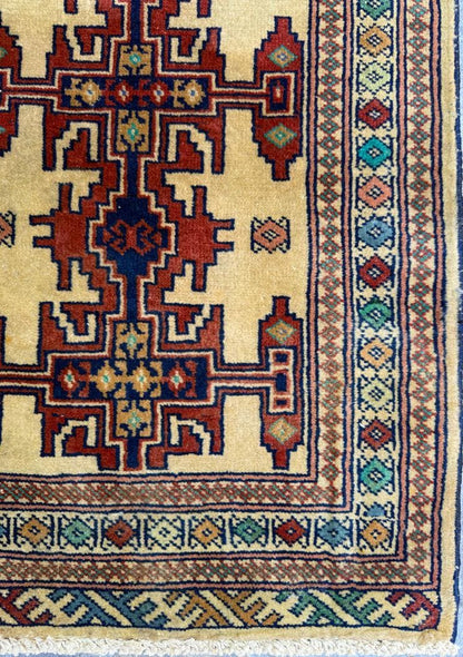 2x2 ft Vintage Rug Hand Knotted Wool Anatolian Accent, 1930s Geometric Design