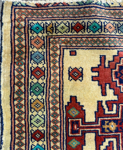 2x2 ft Vintage Rug Hand Knotted Wool Anatolian Accent, 1930s Geometric Design