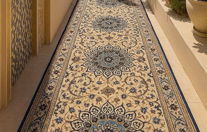 9.5x2.8 ft Vintage 1970s Pastel Nain Hand Knotted Rug: Wool & Silk Touch Runner Carpet