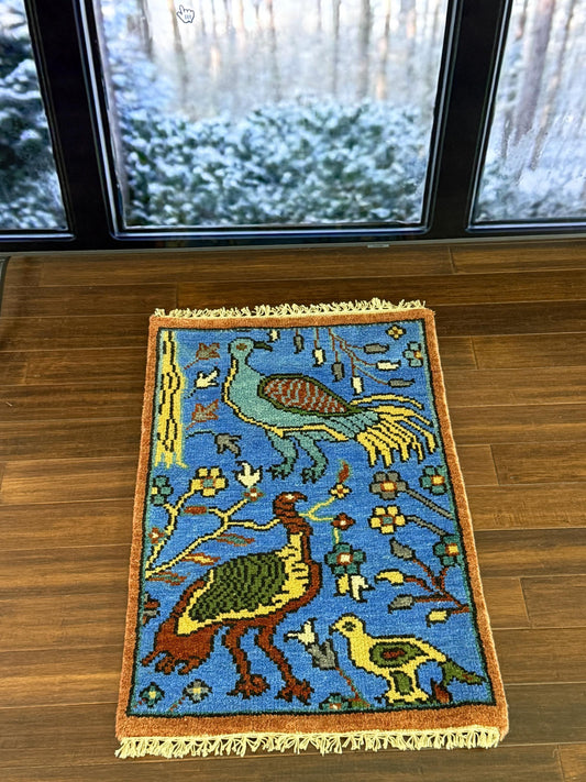 2x3 ft Handmade Oushak Rug: Tree of Life Wool Carpet