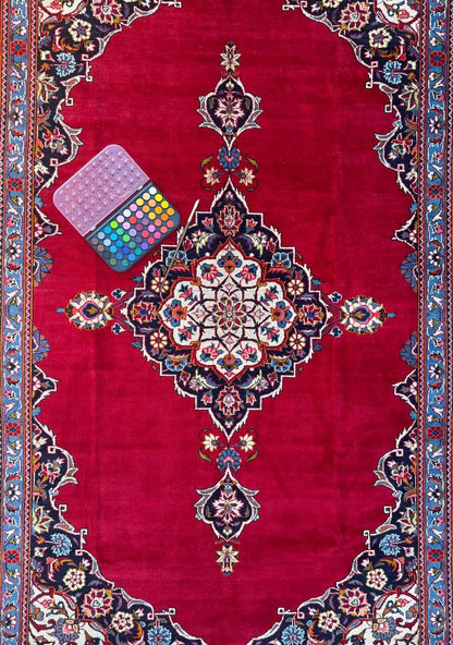 10.3x7.5 ft Vintage Qashoun 1980s Wool Rug: Hand Knotted Traditional Oriental Carpet, Geometric Medallion Area Rug