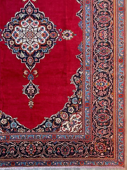 10.3x7.5 ft Vintage Qashoun 1980s Wool Rug: Hand Knotted Traditional Oriental Carpet, Geometric Medallion Area Rug