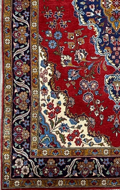7x4 ft Hand-Knotted Wool Area Rug: Vintage 1970s Fine Kashan Floral Medallion Carpet