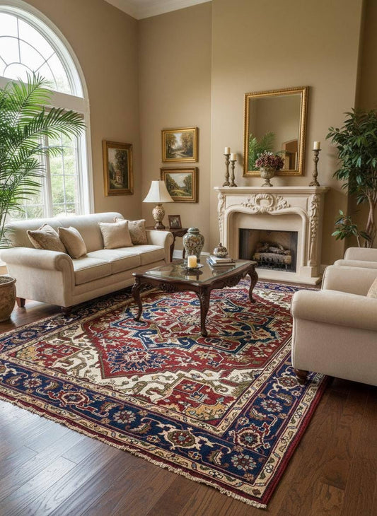 9x12 ft Heriz Serapi Rug: New Hand Knotted Wool Geometric Oriental Large Area Carpet