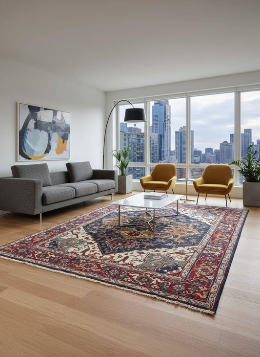 9x12 ft. Heriz Serapi Rug: Hand Knotted Wool Geometric Medallion Oriental Large Area Carpet