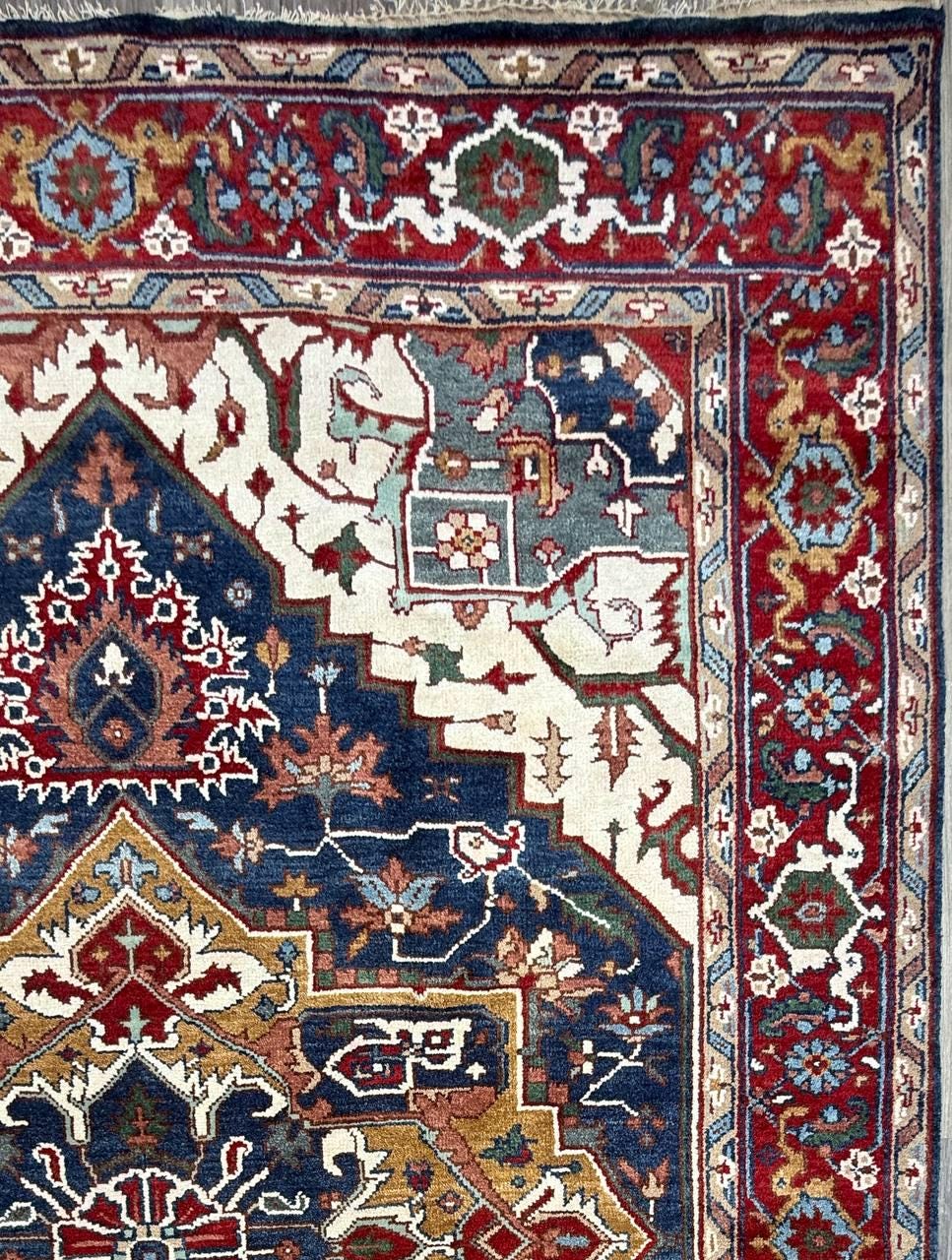 9x12 ft. Heriz Serapi Rug: Hand Knotted Wool Geometric Medallion Oriental Large Area Carpet