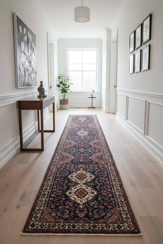 3.8x14 ft Vintage 1940s Anatolian Geometric Runner: Hand Knotted Village Wool Oriental Carpet