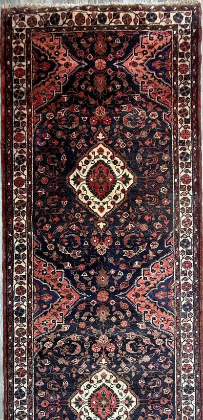 3.8x14 ft Vintage 1940s Anatolian Geometric Runner: Hand Knotted Village Wool Oriental Carpet