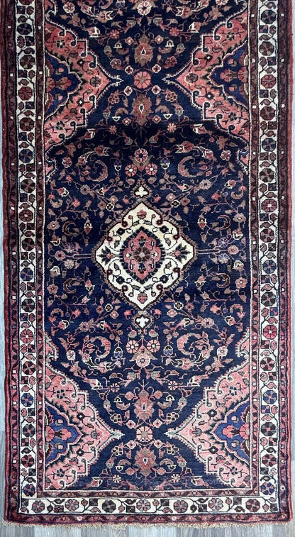 3.8x14 ft Vintage 1940s Anatolian Geometric Runner: Hand Knotted Village Wool Oriental Carpet