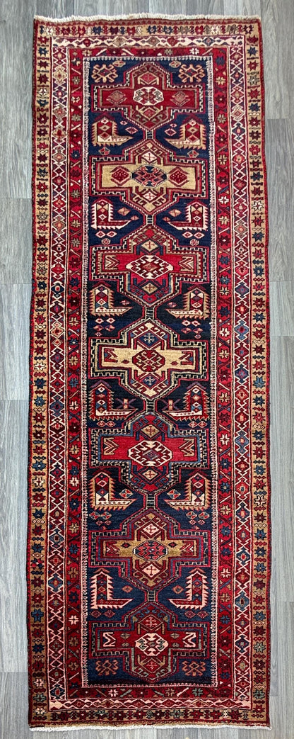 4x11 ft Vintage 1980s Tribal Heriz Runner Rug: Hand Knotted Wool Design
