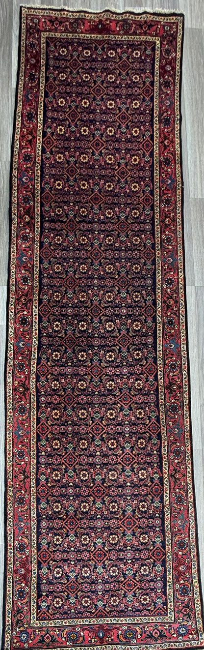 12x3 ft Antique 1950s Malayaar Runner Rug: Hand Knotted Wool Tribal Hallway Carpet, Vintage Nomadic Design