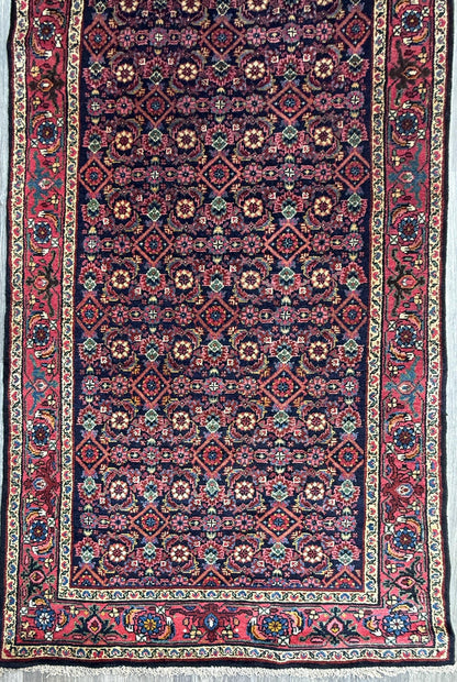 12x3 ft Antique 1950s Malayaar Runner Rug: Hand Knotted Wool Tribal Hallway Carpet, Vintage Nomadic Design