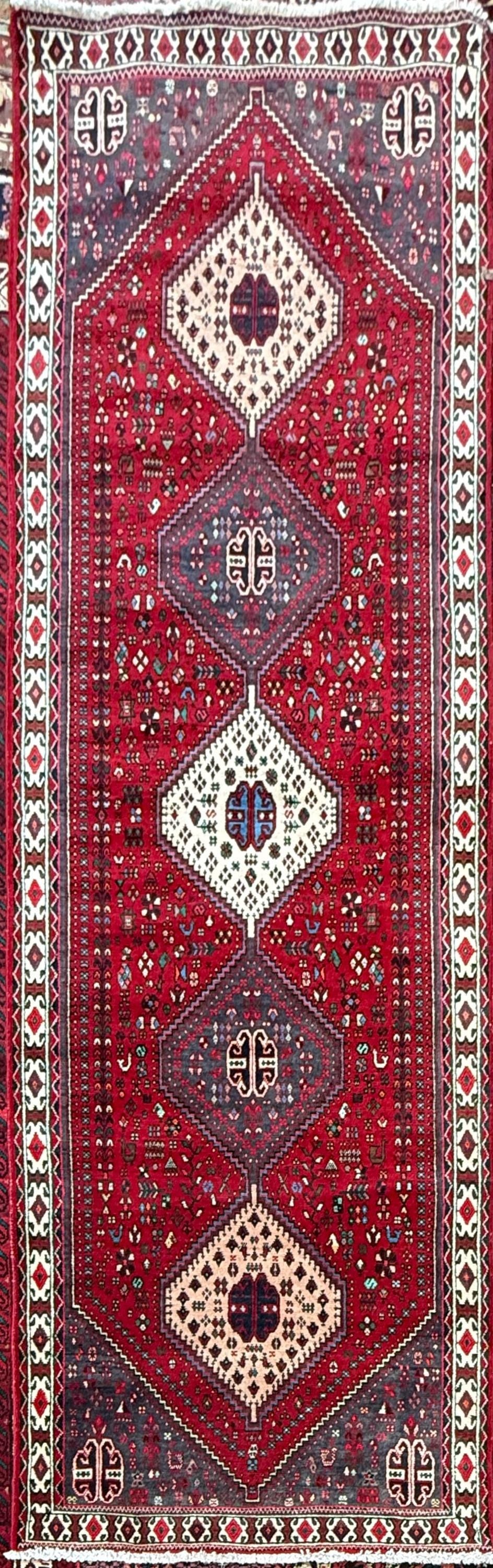 9x3 ft Vintage 1970s Mai Mai Runner Rug: Hand Knotted Wool Tribal Nomadic Desig Carpet