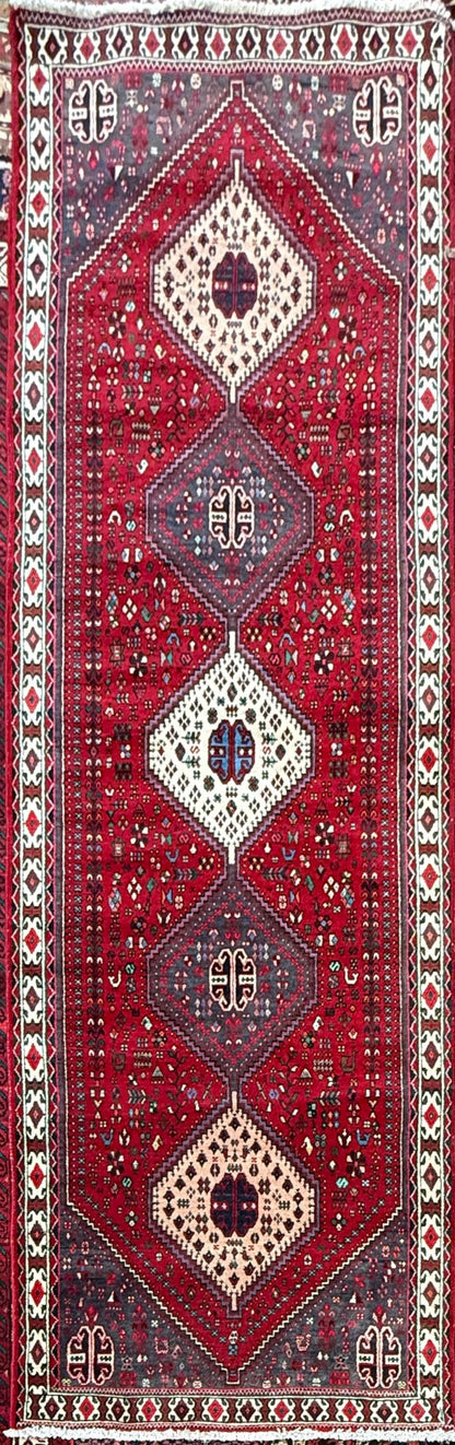 9x3 ft Vintage 1970s Mai Mai Runner Rug: Hand Knotted Wool Tribal Nomadic Desig Carpet