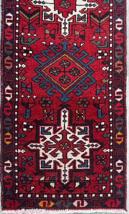 8x2 ft Vintage 1980s Hareez Runner Rug: Hand Knotted Wool Tribal Carpet, Narrow Hallway Rug
