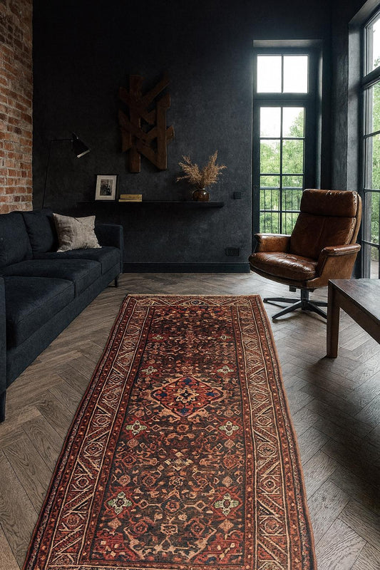 3.8x9.10 ft Vintage 1930s Anatolian: Hand Knotted Wool Village Carpet, Geometric Tribal Design