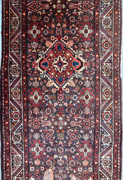 3.8x9.10 ft Vintage 1930s Anatolian: Hand Knotted Wool Village Carpet, Geometric Tribal Design