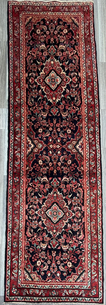 3.6x11 ft Vintage 1930s Runner Rug: Hand Knotted Wool Anatolian Tribal Carpet