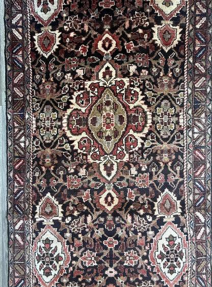 3.6x13.8 ft Vintage 1930s Anatolian Runner Rug: Village Hand Knotted Wool Carpet, Long Geometric Tribal Design