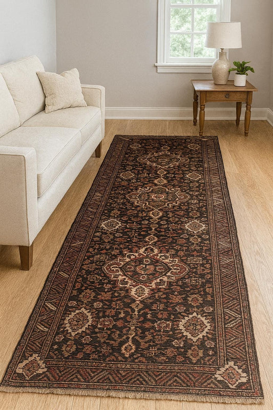 3.6x13.8 ft Vintage 1930s Anatolian Runner Rug: Village Hand Knotted Wool Carpet, Long Geometric Tribal Design