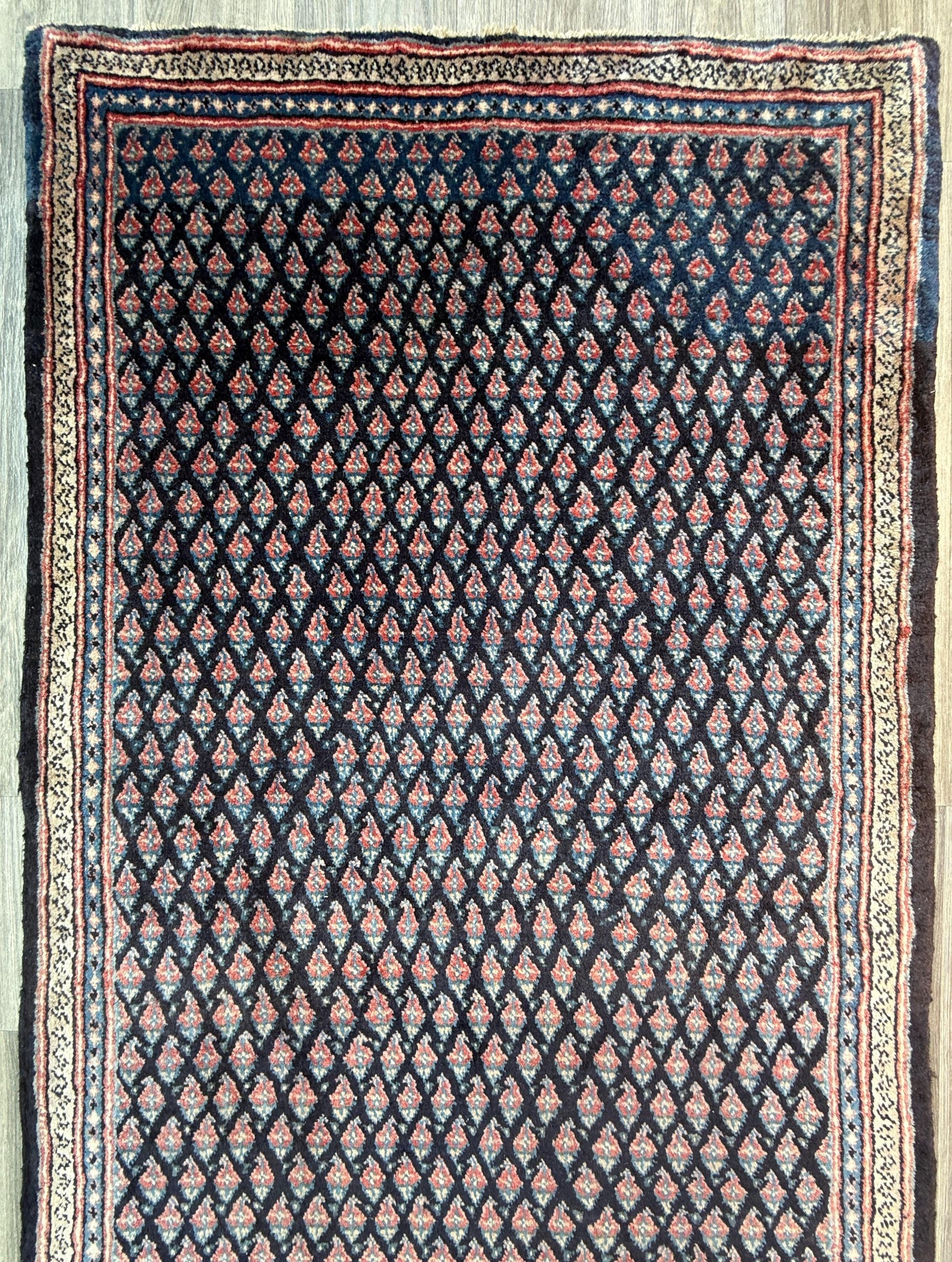 3.4x9.1 ft Vintage 1930s Runner Rug: Farmhouse Anatolian Village Carpet, Hand Knotted Wool Geometric Tribal Design