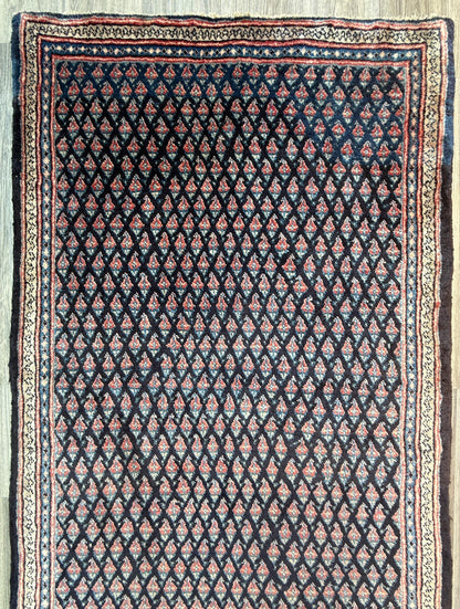 3.4x9.1 ft Vintage 1930s Runner Rug: Farmhouse Anatolian Village Carpet, Hand Knotted Wool Geometric Tribal Design