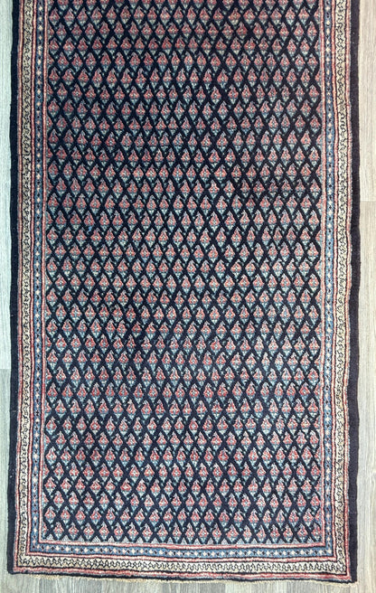 3.4x9.1 ft Vintage 1930s Runner Rug: Farmhouse Anatolian Village Carpet, Hand Knotted Wool Geometric Tribal Design