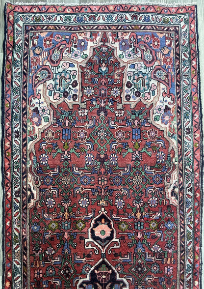 3.5x12.8 ft Vintage 1930s Runner Rug: Hand Knotted Wool Anatolian Carpet, Village Made Geometric Tribal Design