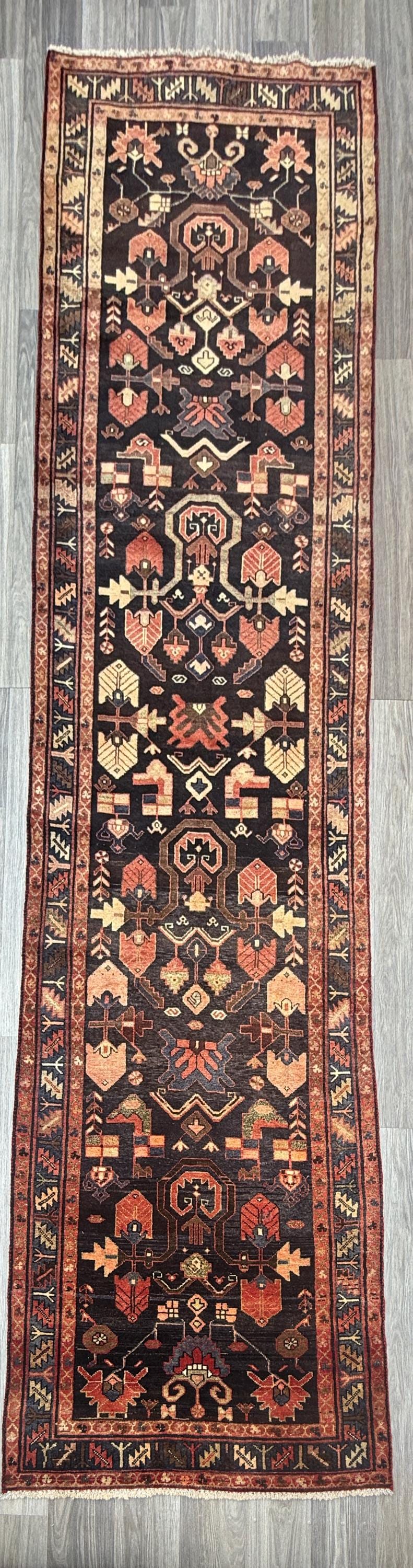 3.6x13.8 ft Vintage 1930s Runner Rug: Anatolian Village Carpet, Hand Knotted Wool Long Geometric Tribal Rug