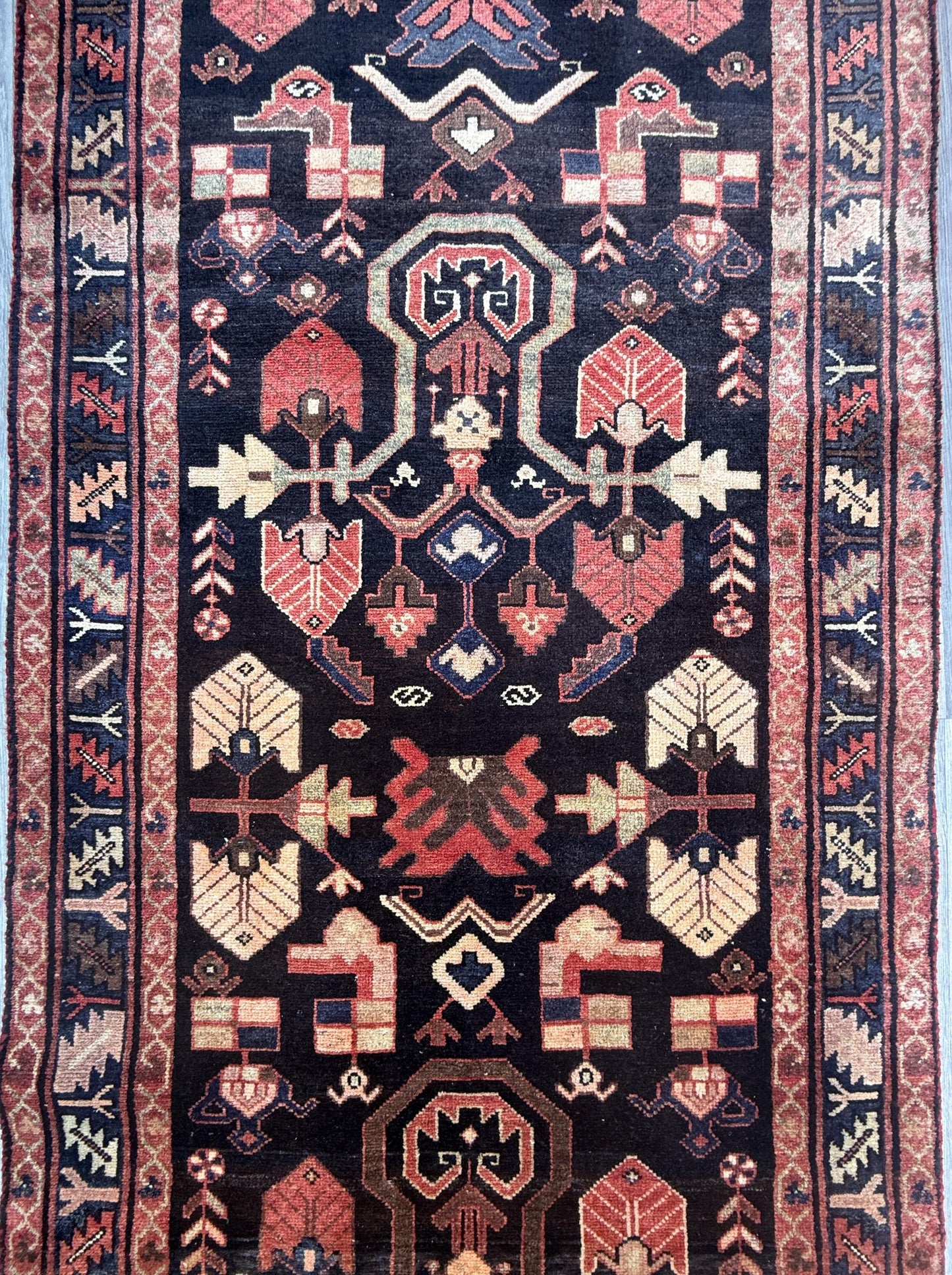 3.6x13.8 ft Vintage 1930s Runner Rug: Anatolian Village Carpet, Hand Knotted Wool Long Geometric Tribal Rug