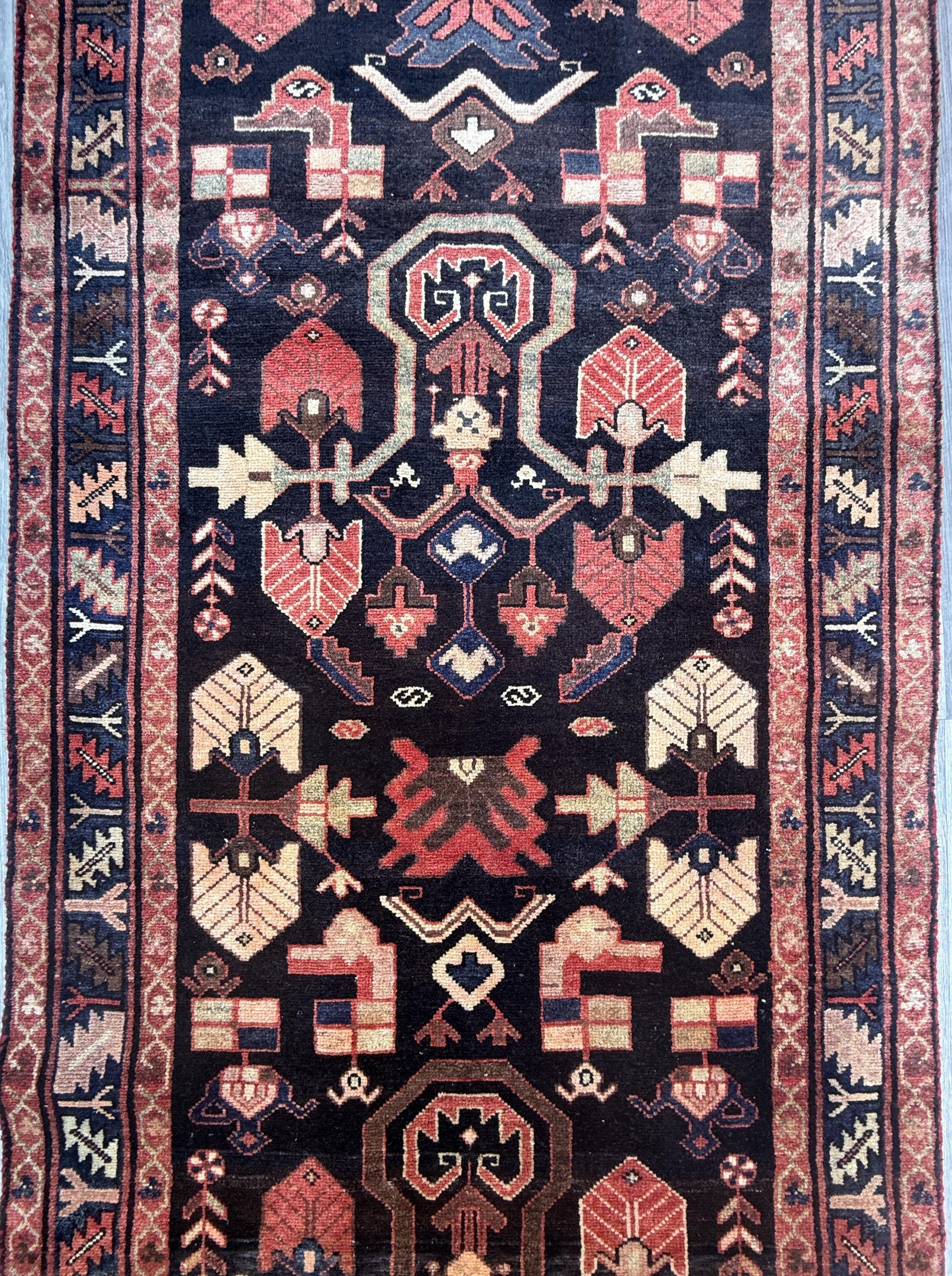 3.6x13.8 ft Vintage 1930s Runner Rug: Anatolian Village Carpet, Hand Knotted Wool Long Geometric Tribal Rug