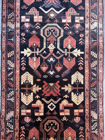 3.6x13.8 ft Vintage 1930s Runner Rug: Anatolian Village Carpet, Hand Knotted Wool Long Geometric Tribal Rug