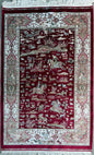 5x3 ft Signed Quomm Silk Rug: Hand Knotted Power Loomed Hunting Scene Carpet