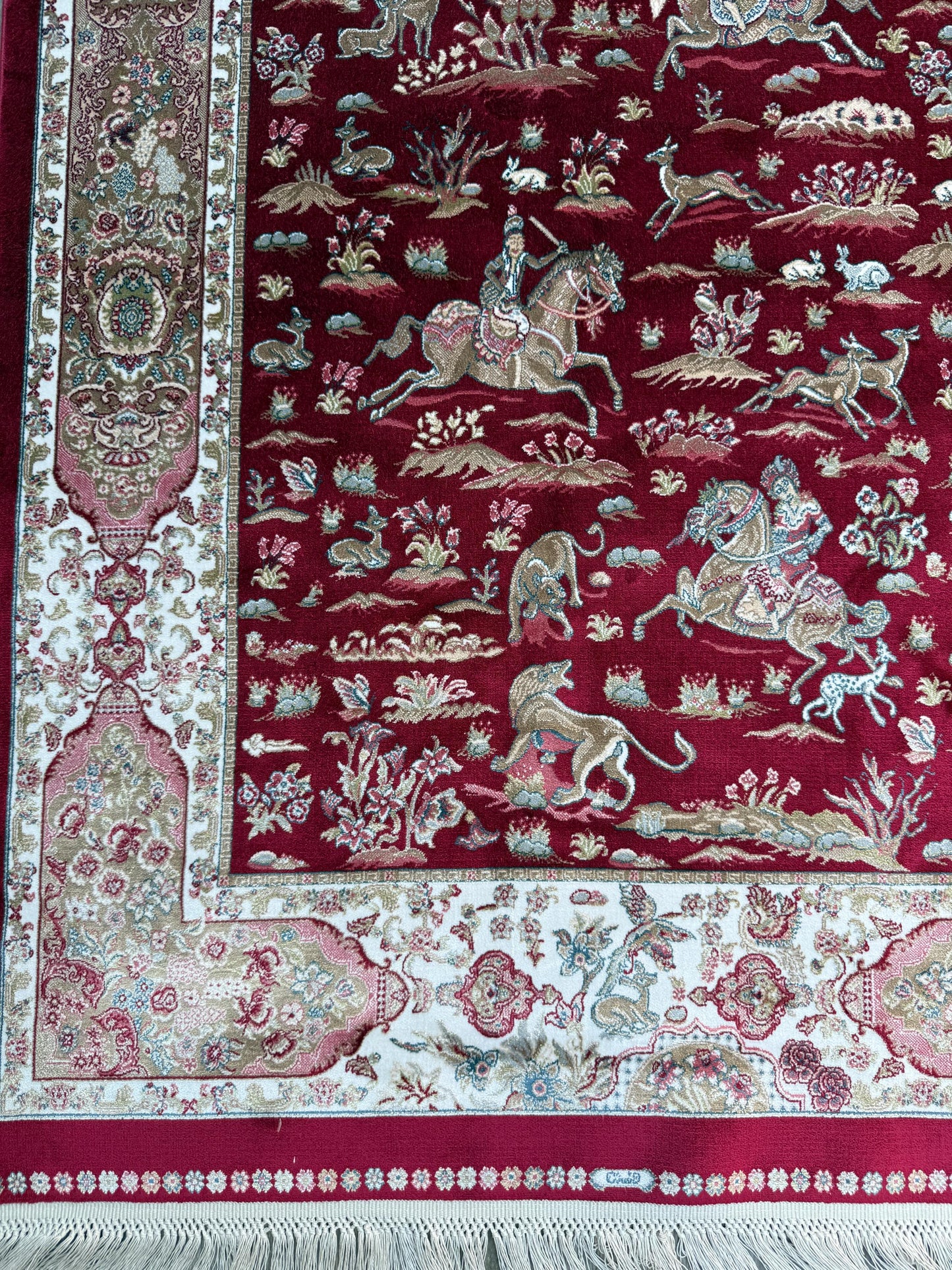 5x3 ft Signed Quomm Silk Rug: Hand Knotted Power Loomed Hunting Scene Carpet