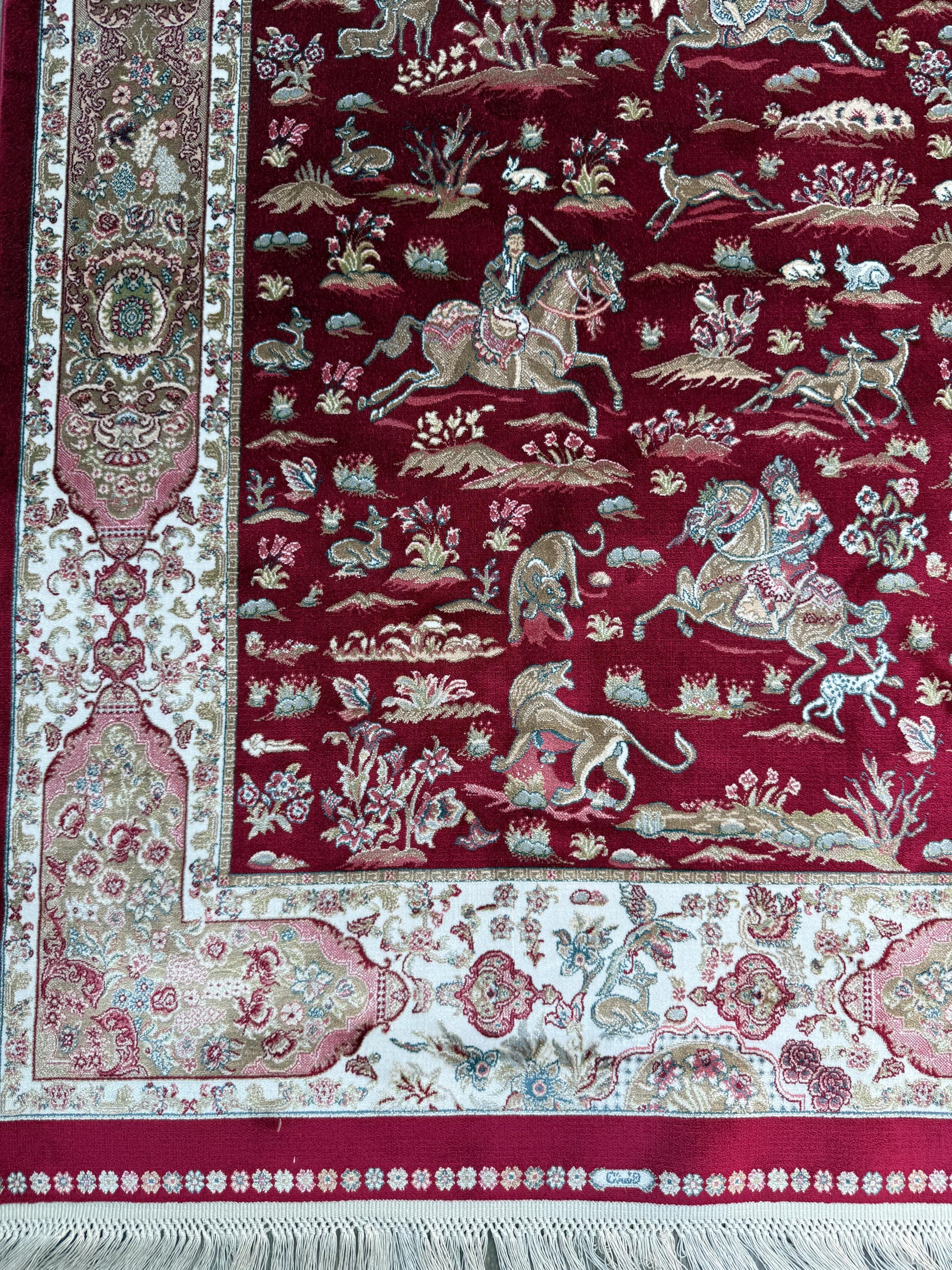 5x3 ft Signed Quomm Silk Rug: Hand Knotted Power Loomed Hunting Scene Carpet