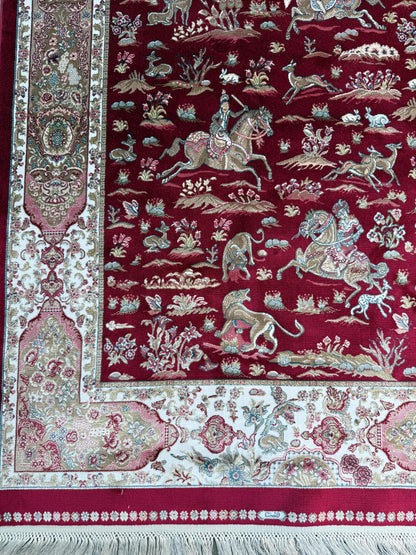 5x3 ft Signed Quomm Silk Rug: Hand Knotted Power Loomed Hunting Scene Carpet