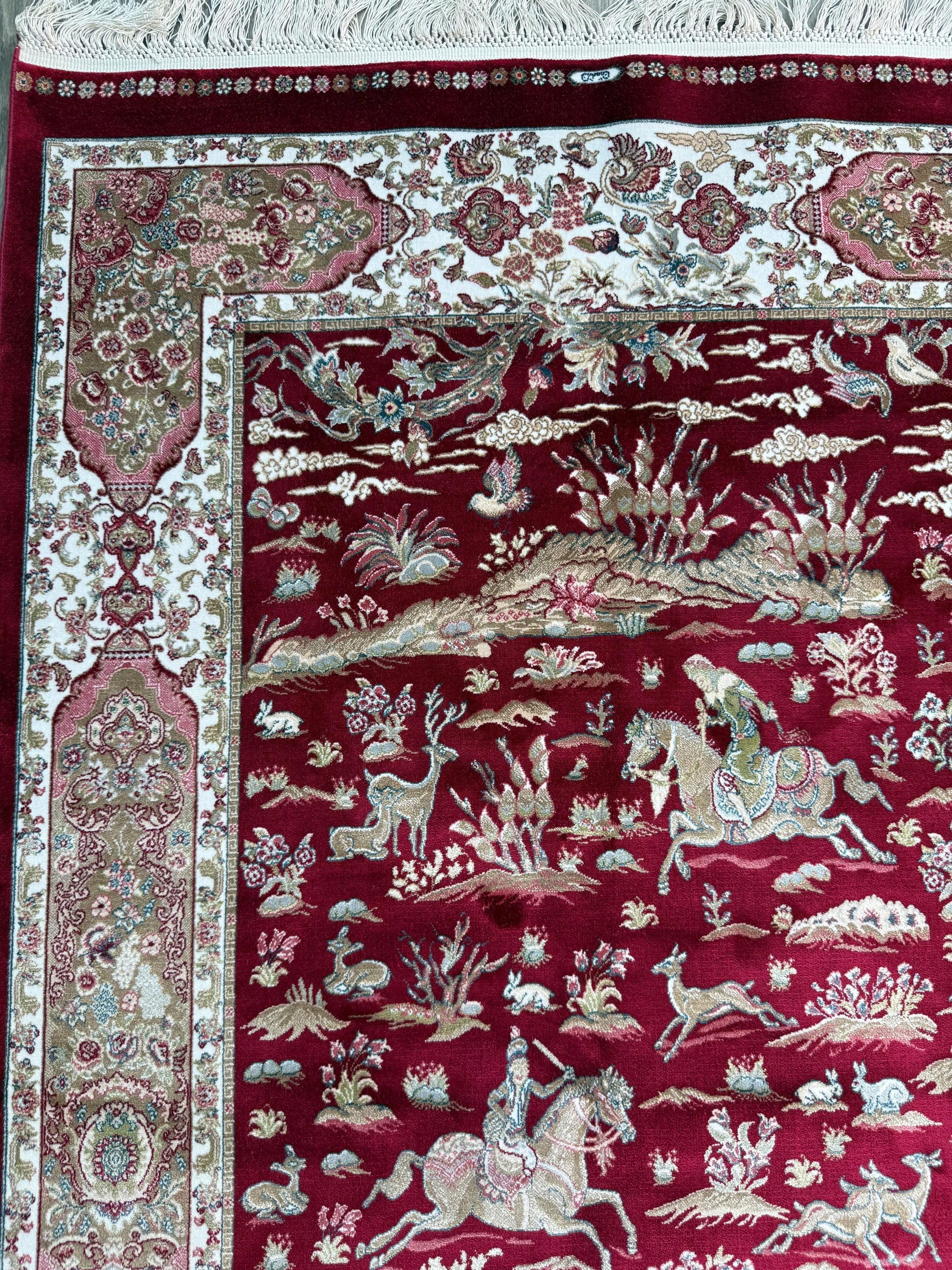 5x3 ft Signed Quomm Silk Rug: Hand Knotted Power Loomed Hunting Scene Carpet
