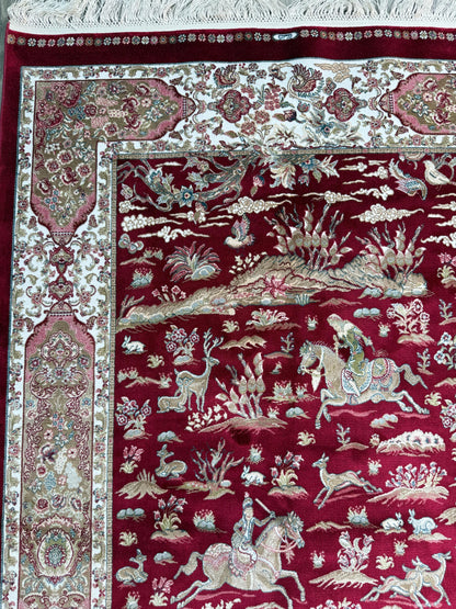 5x3 ft Signed Quomm Silk Rug: Hand Knotted Power Loomed Hunting Scene Carpet