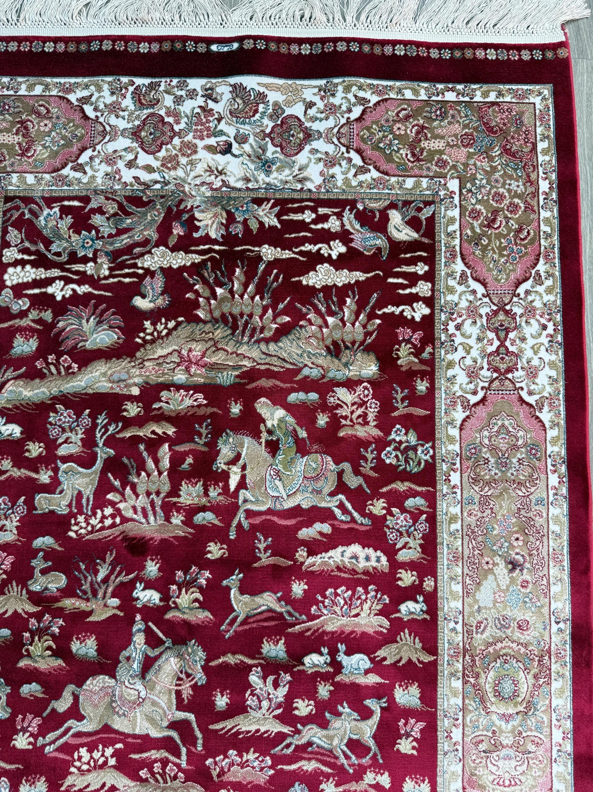 5x3 ft Signed Quomm Silk Rug: Hand Knotted Power Loomed Hunting Scene Carpet