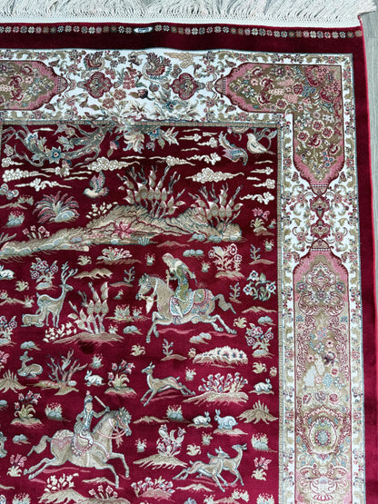 5x3 ft Signed Quomm Silk Rug: Hand Knotted Power Loomed Hunting Scene Carpet