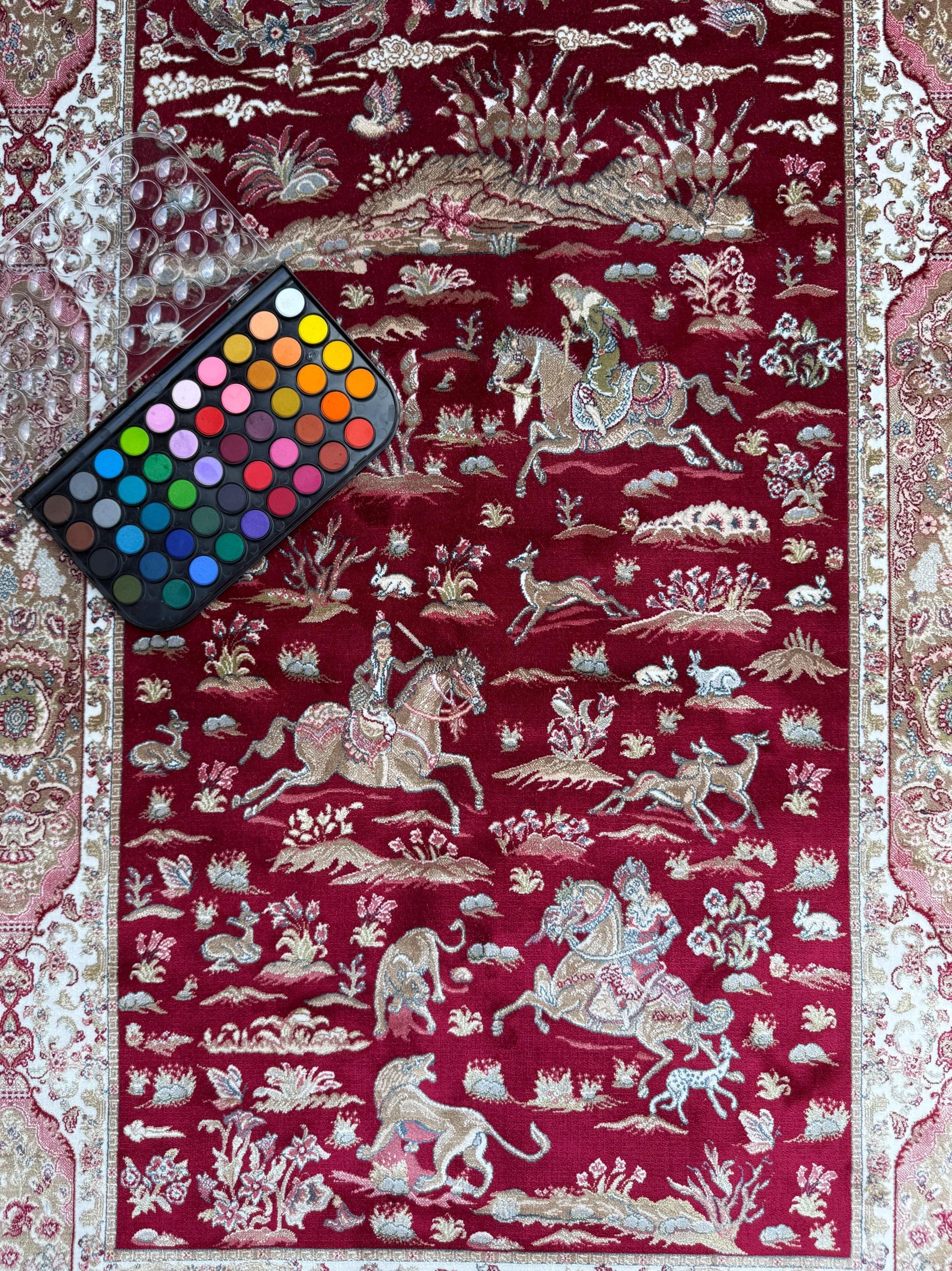 5x3 ft Signed Quomm Silk Rug: Hand Knotted Power Loomed Hunting Scene Carpet