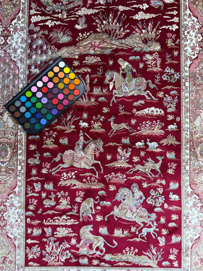 5x3 ft Signed Quomm Silk Rug: Hand Knotted Power Loomed Hunting Scene Carpet