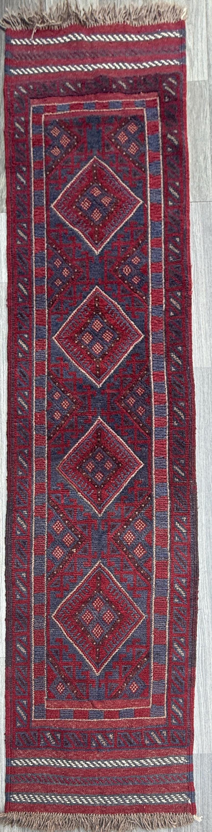 8.5x2 ft Vintage 1990s Afghan Mashwani Kilim Runner Rug: Hand Knotted Wool Tribal Area Carpet